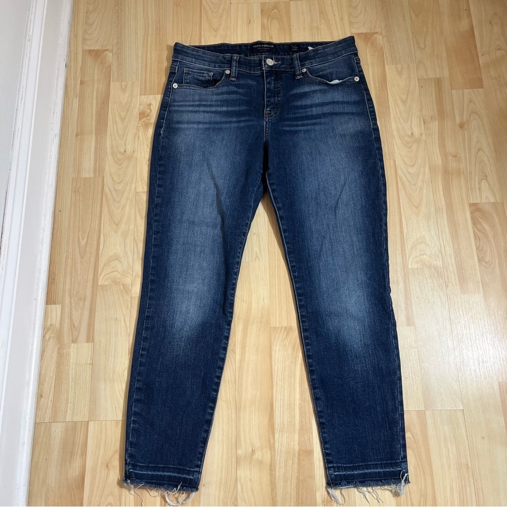 Lucky Brand Mid Rise Ava Dark Wash Blue Denim Jeans Raw Hem Size 8/29 Ankle